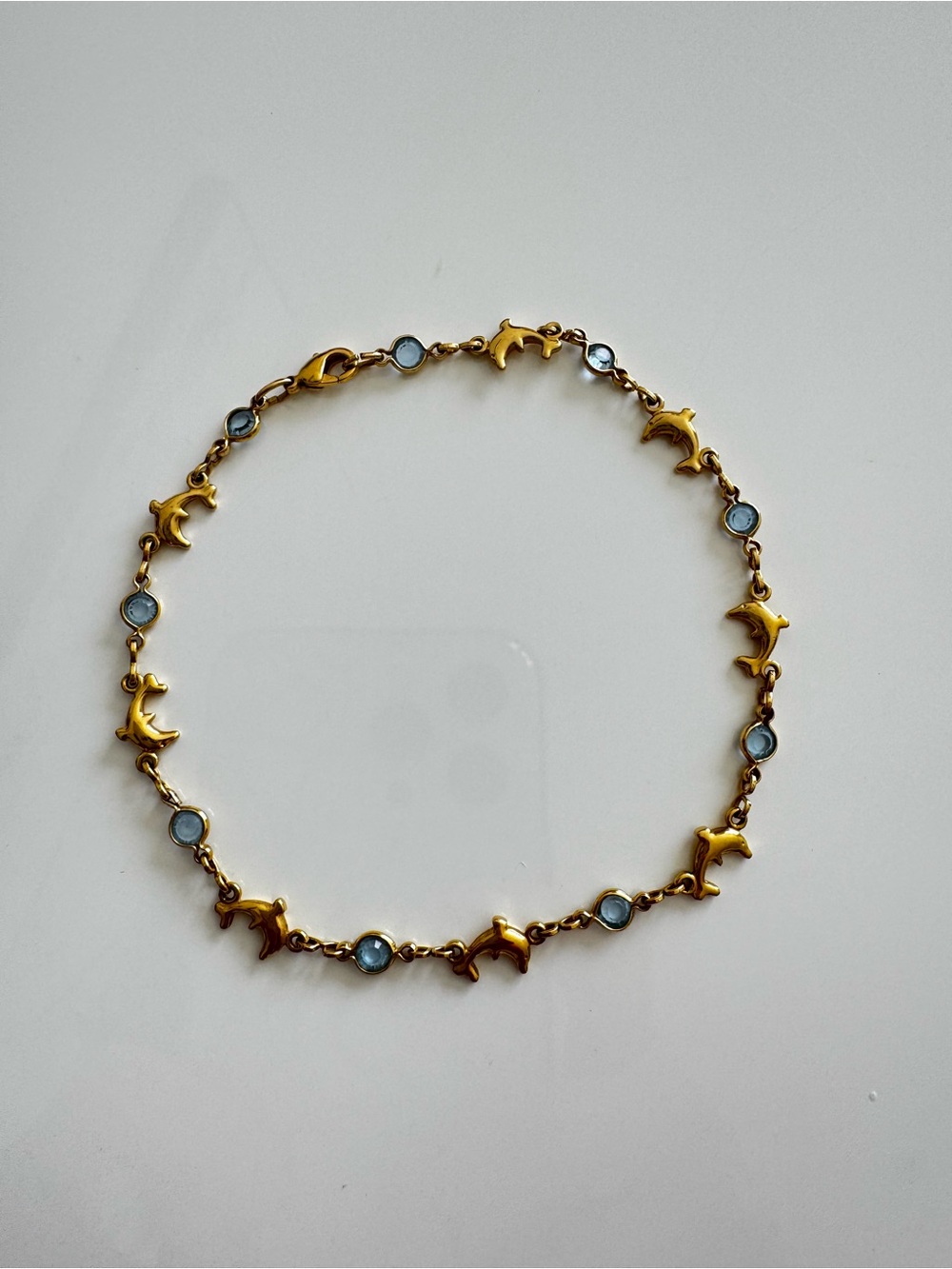 Dubai Gold Dolphin Link Anklet with Blue Gem Accents